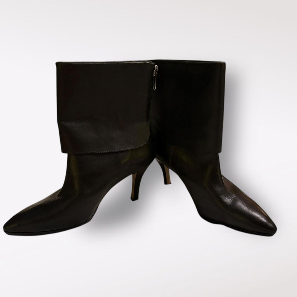 Adrienne Vittadini Black Leather Pointed Toe Ankle Boots with Fold-Over Cuff