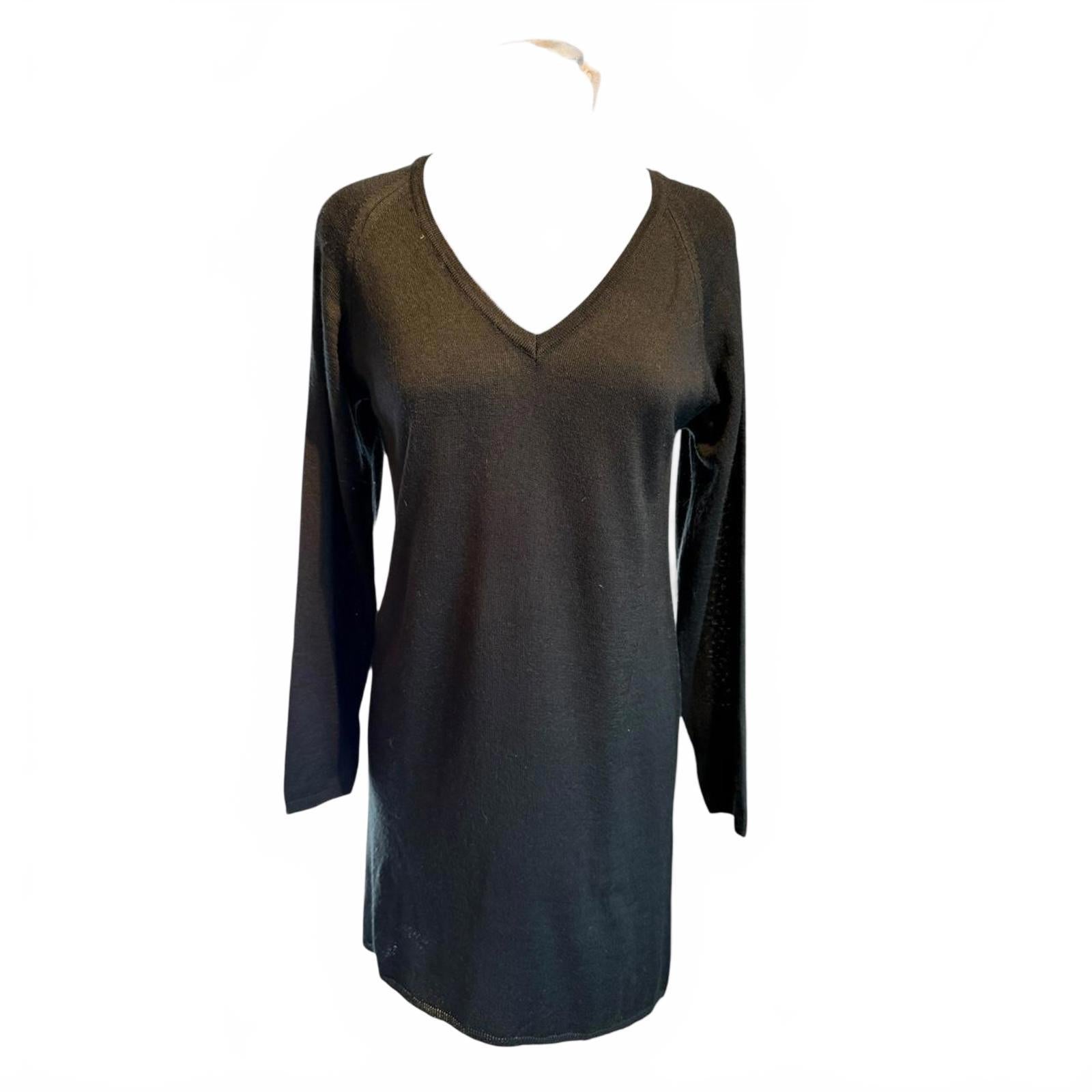 Ghost Black Long Sleeve V-Neck 100% Merino Wool Knit Dress