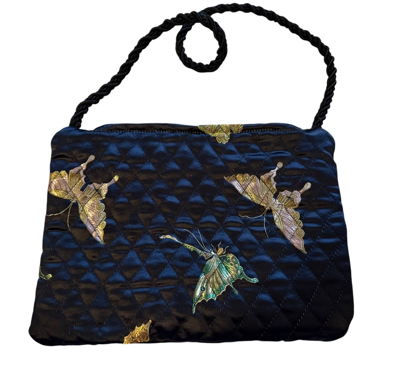 Black Quilted Satin Shoulder Bag with Butterfly Embroidery