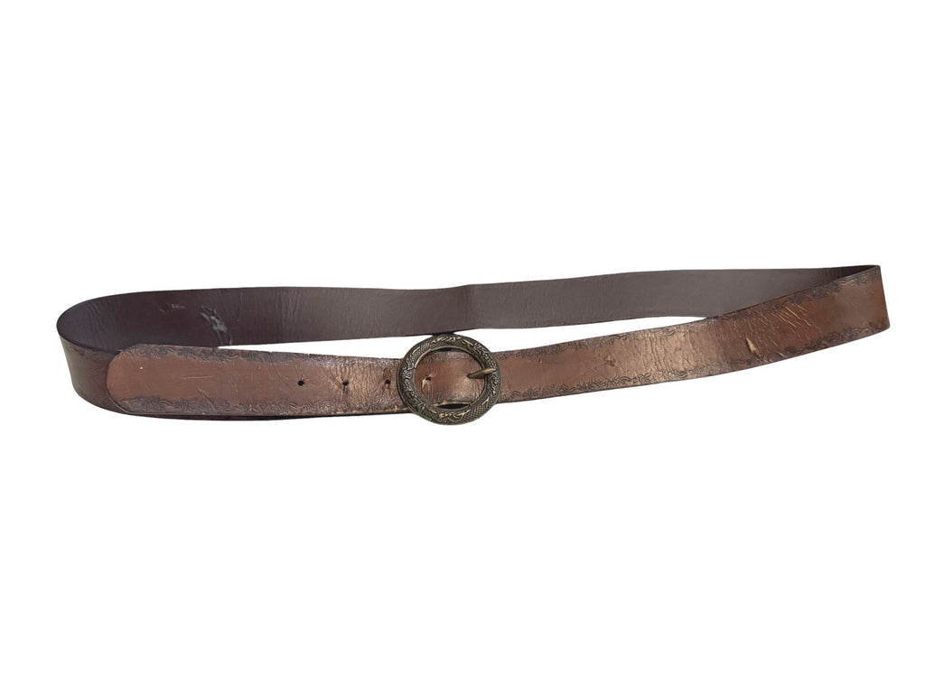 Vintage Brown Leather Belt with Ornate Round Buckle and Floral Embossing