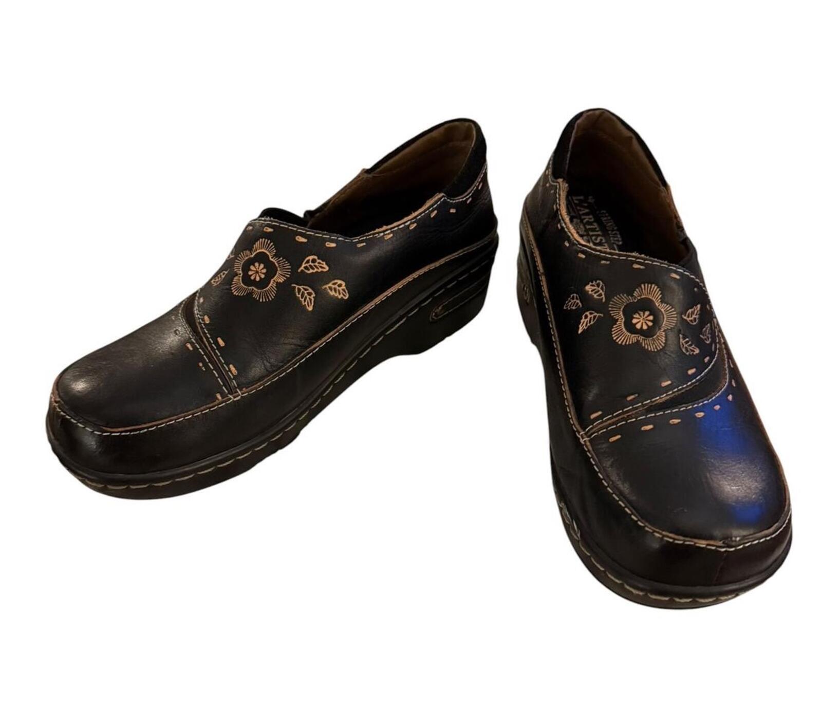Spring Step L'Artiste Black Leather Slip-On Shoes with Floral Embroidery