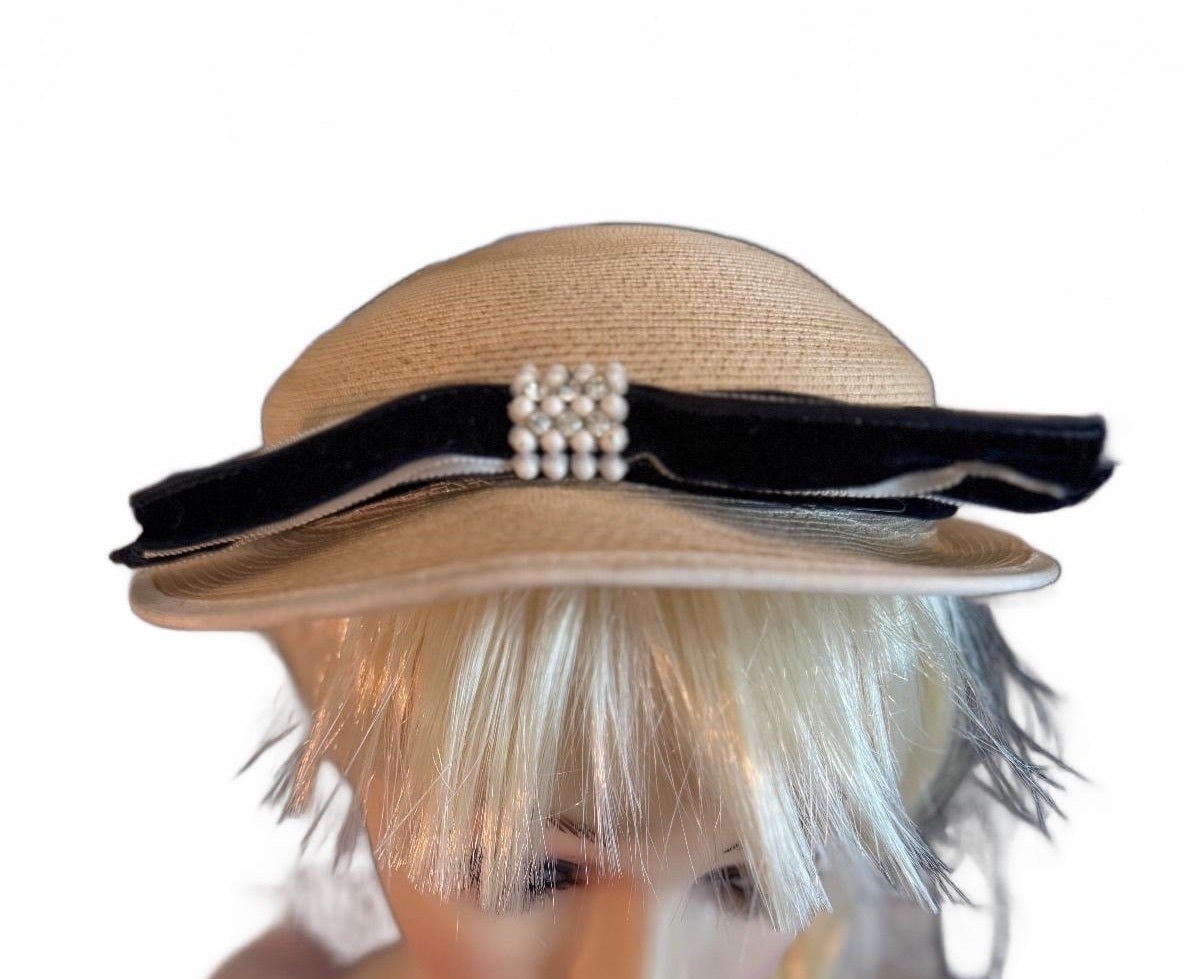 Vintage Style Beige Straw Hat with Black Velvet Bow and Pearl Accent