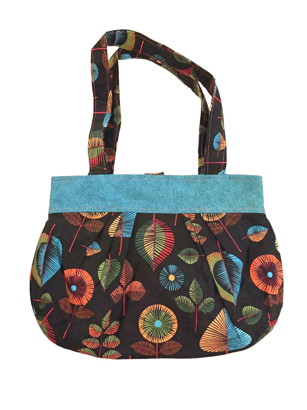 Colorful Leaf Pattern Small Tote Bag with Blue Trim
