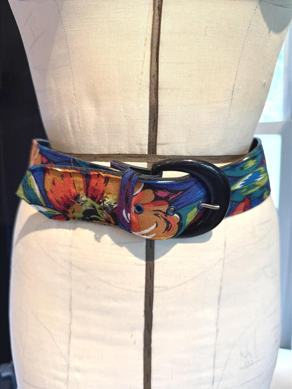 Floral Pattern Wide Belt with Black Buckle