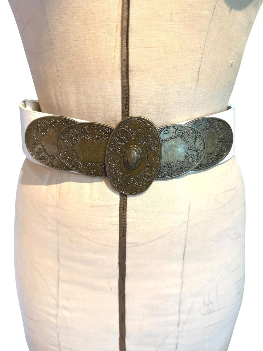 White Wide Belt with Ornate Antique Brass Buckle