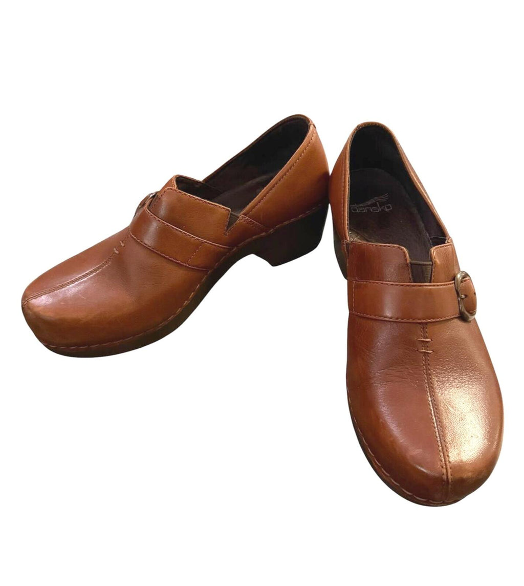 Dansko Brown Leather Slip-On Shoes with Buckle Detail
