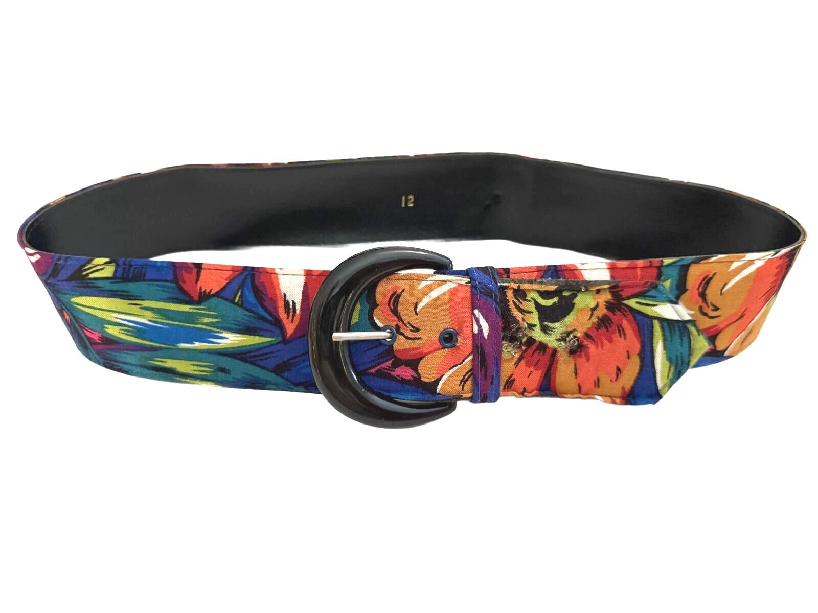 Floral Pattern Wide Belt with Black Buckle