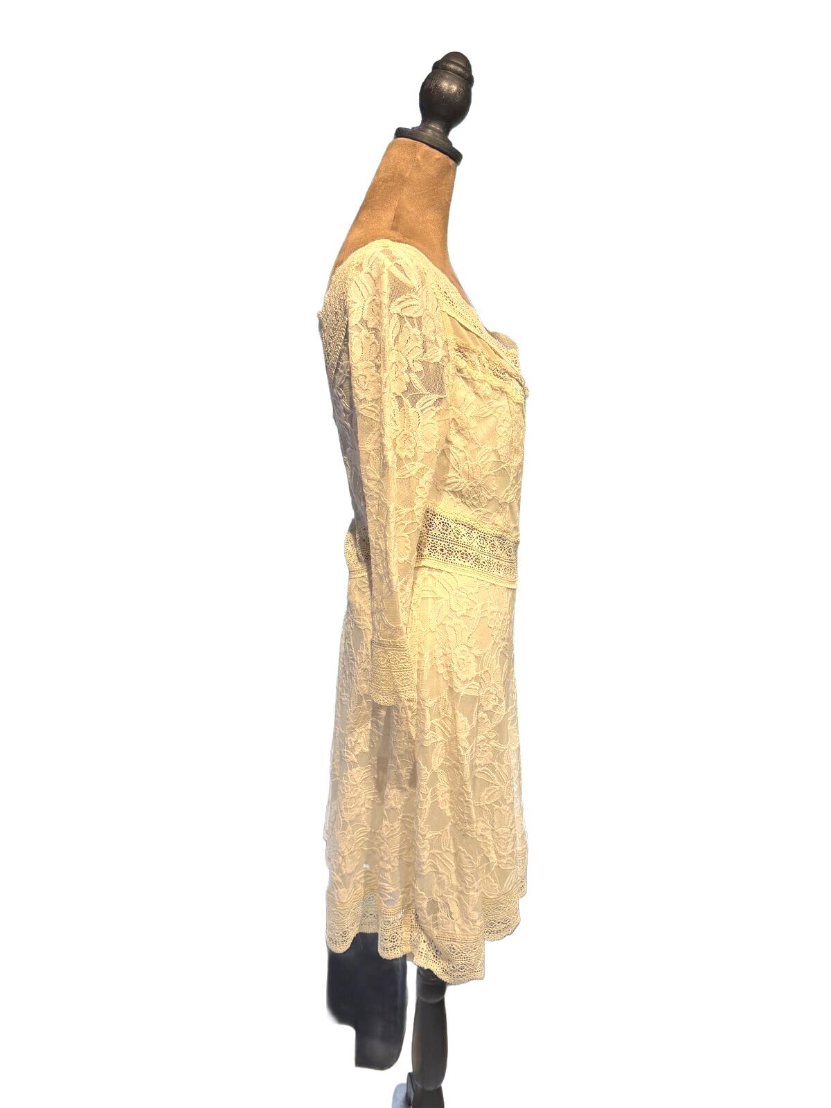 Free People Cream Lace Long-Sleeve Dress with V Back Detail