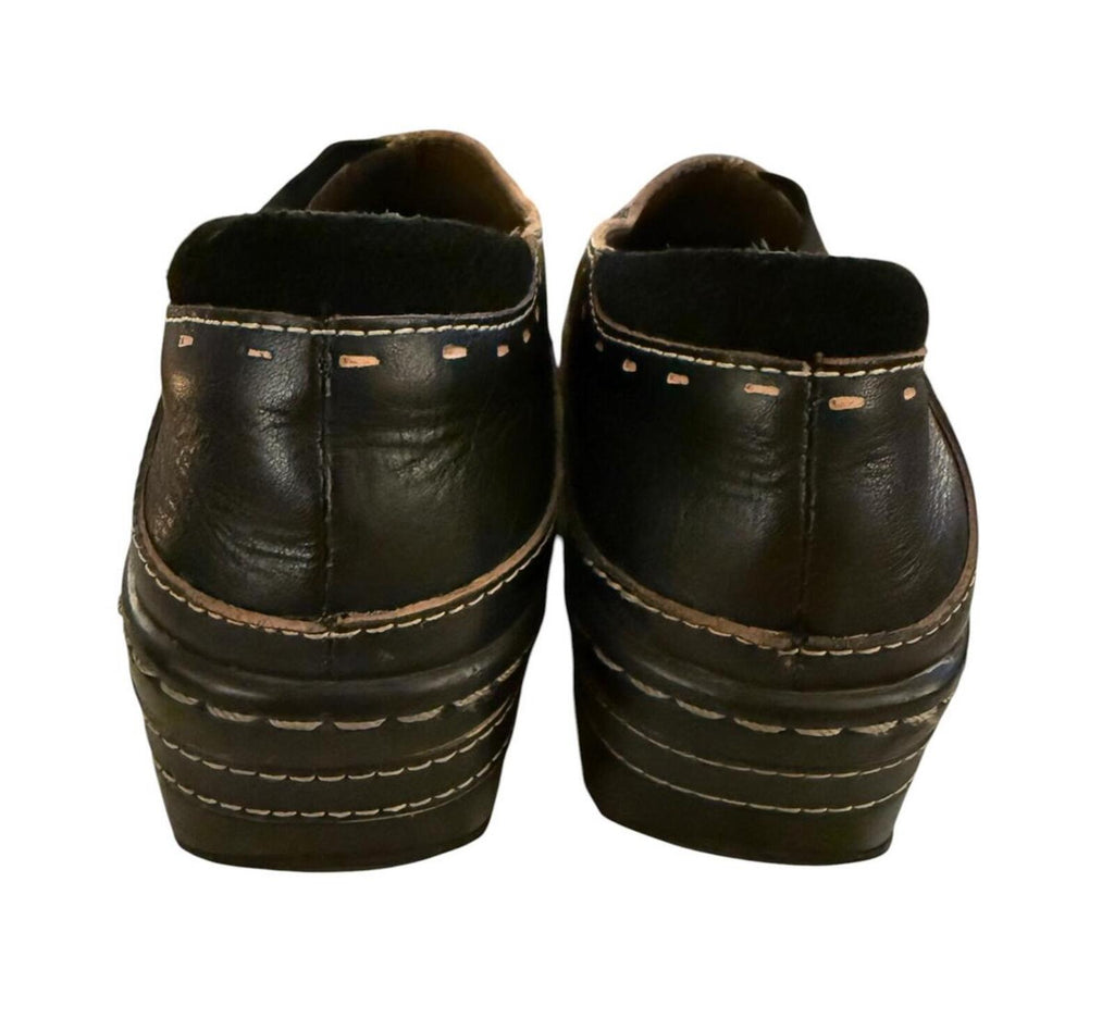 Spring Step L'Artiste Black Leather Slip-On Shoes with Floral Embroidery