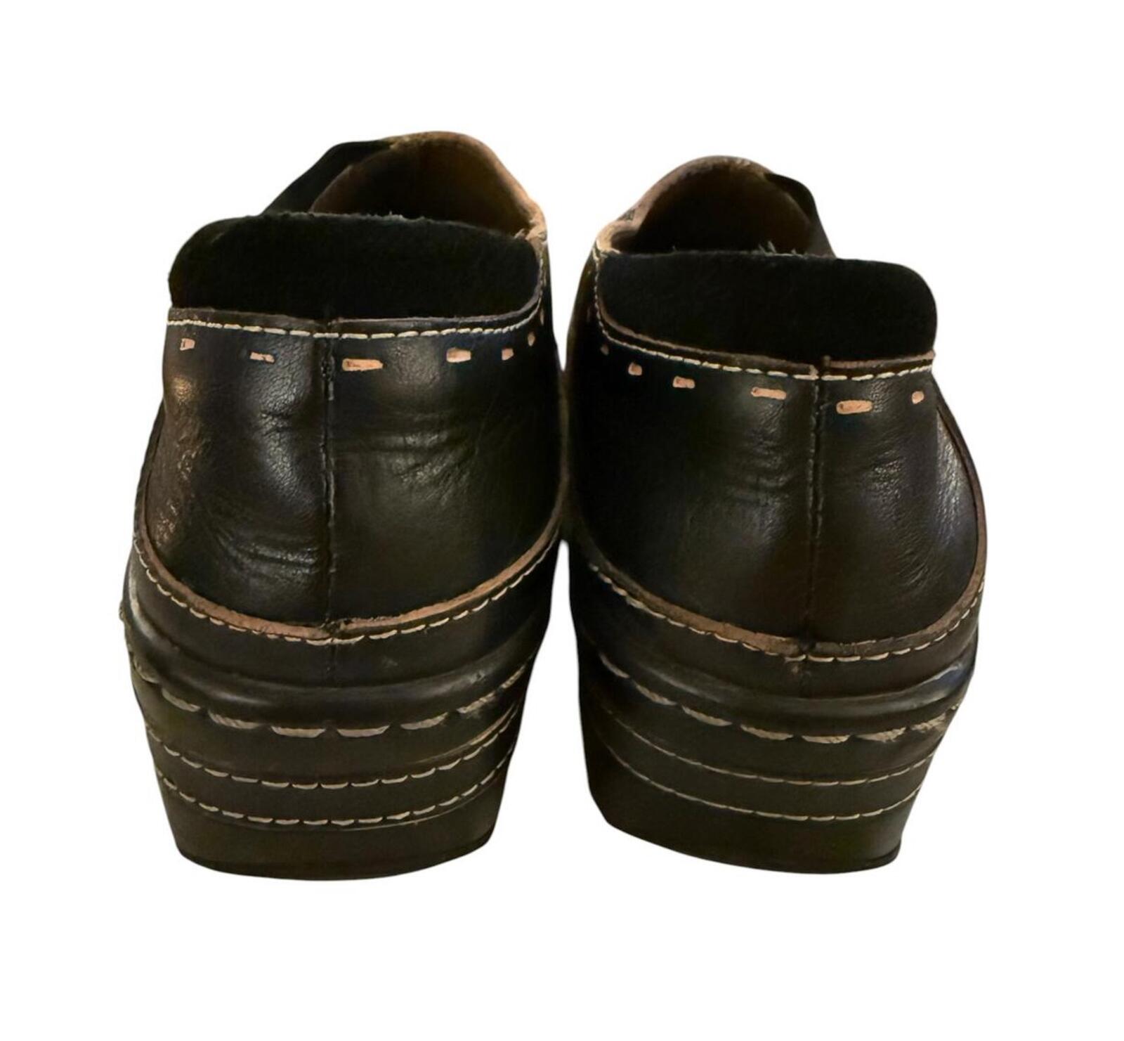 Spring Step L'Artiste Black Leather Slip-On Shoes with Floral Embroidery