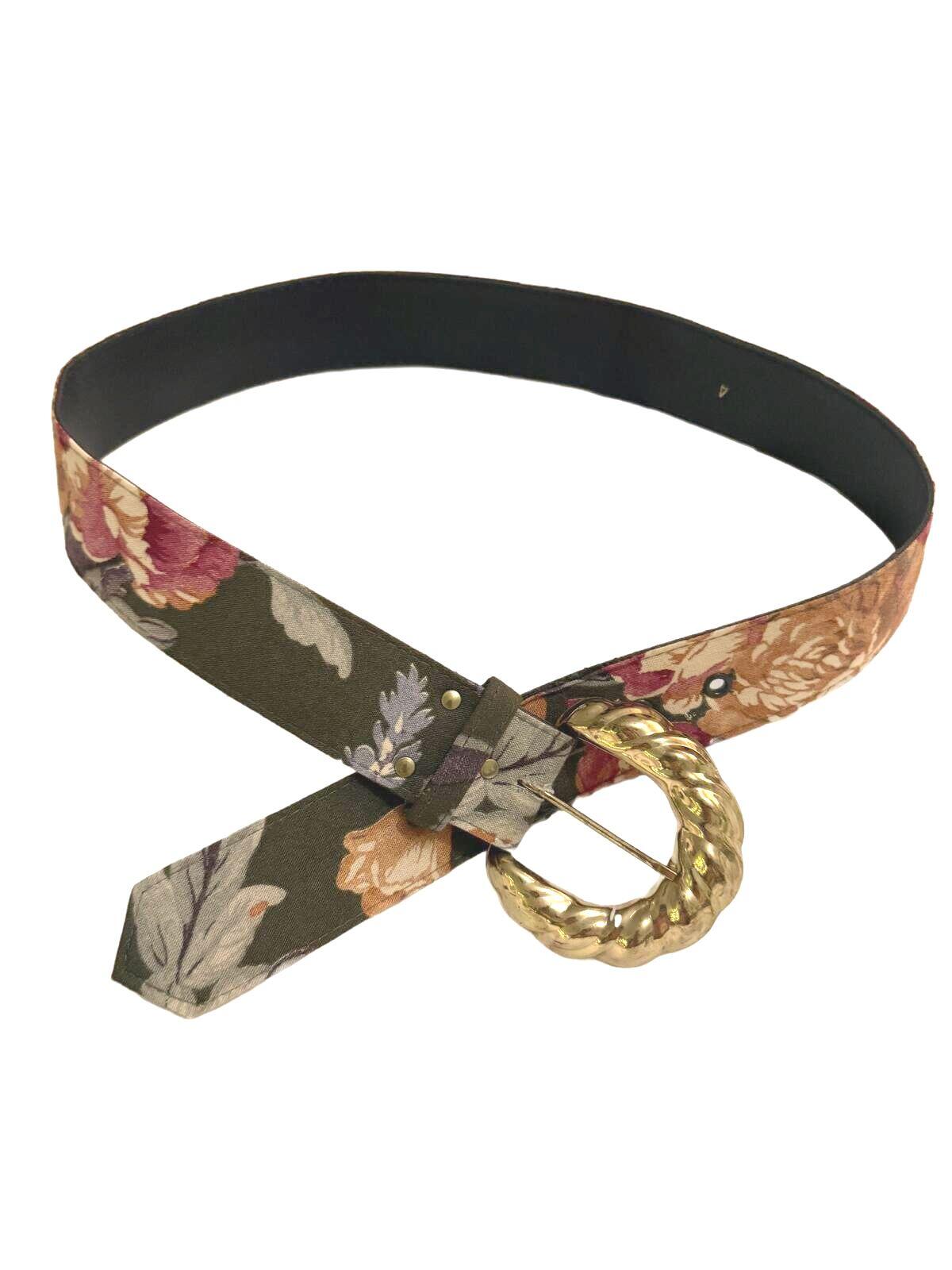 Floral Pattern Belt with Gold-Tone Round Buckle