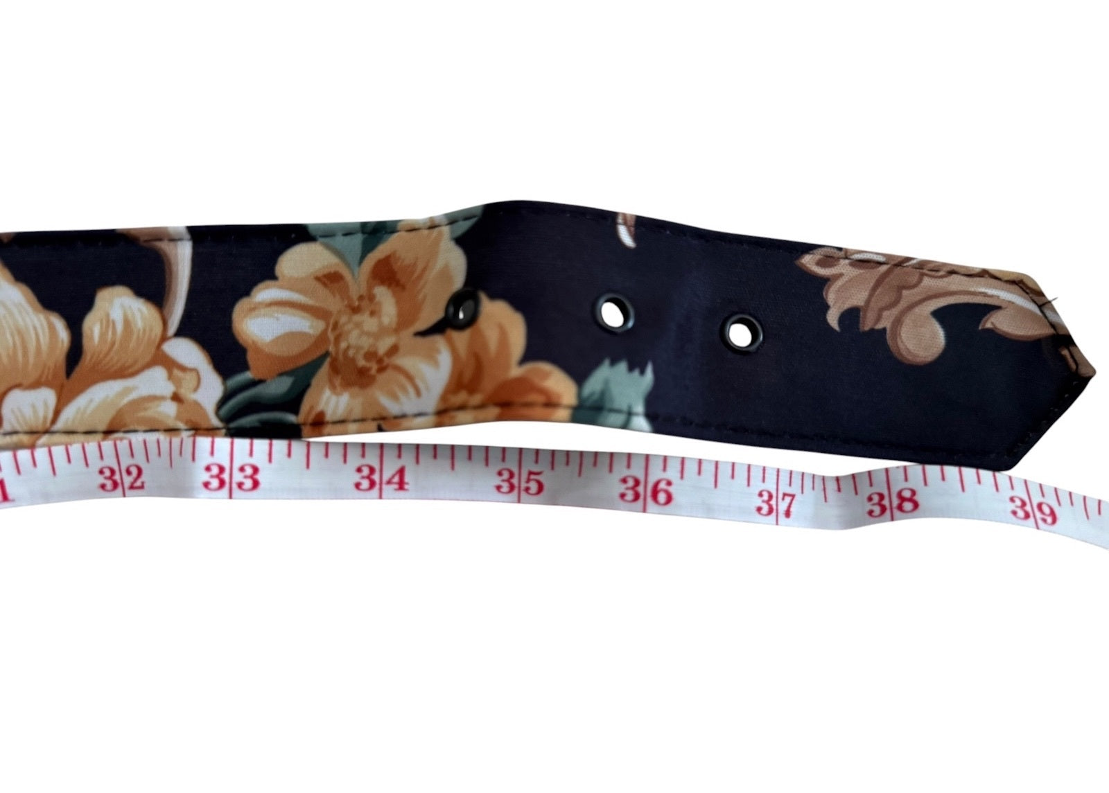 Vintage Black Floral Fabric Belt with Square Buckle Size Large