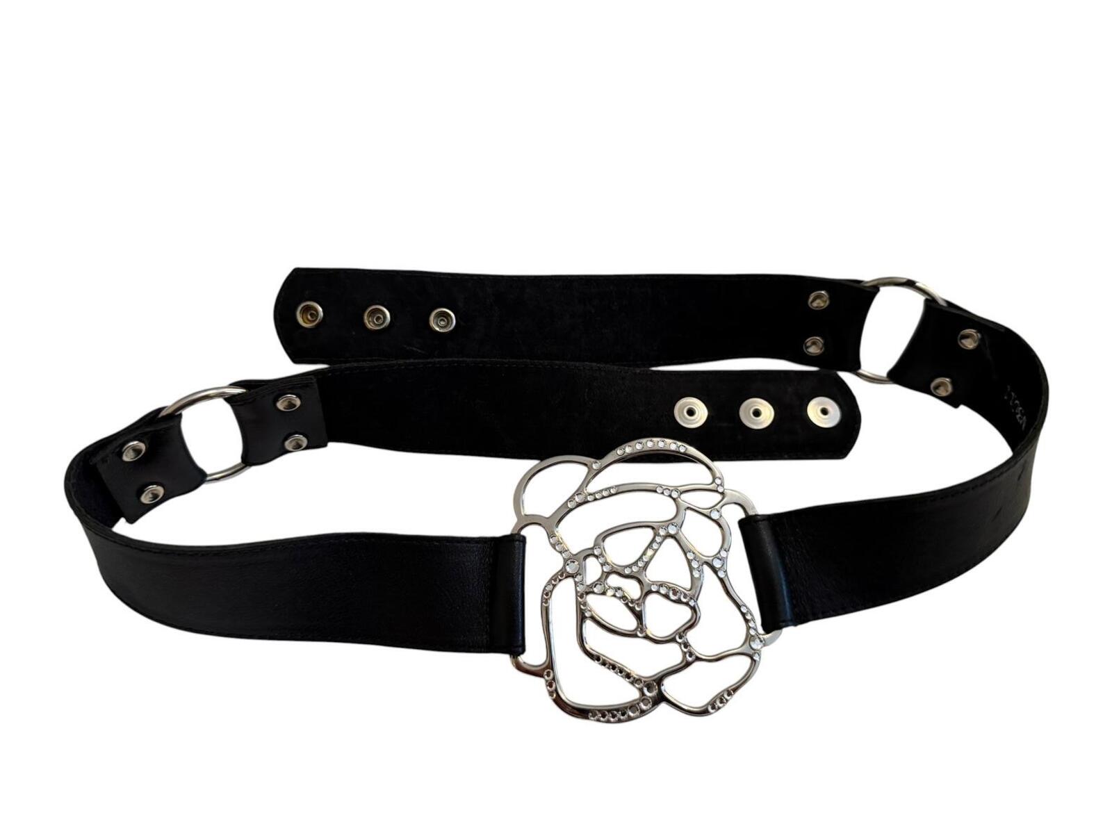 Cache Genuine Leather Black Belt with Floral Silver Buckle