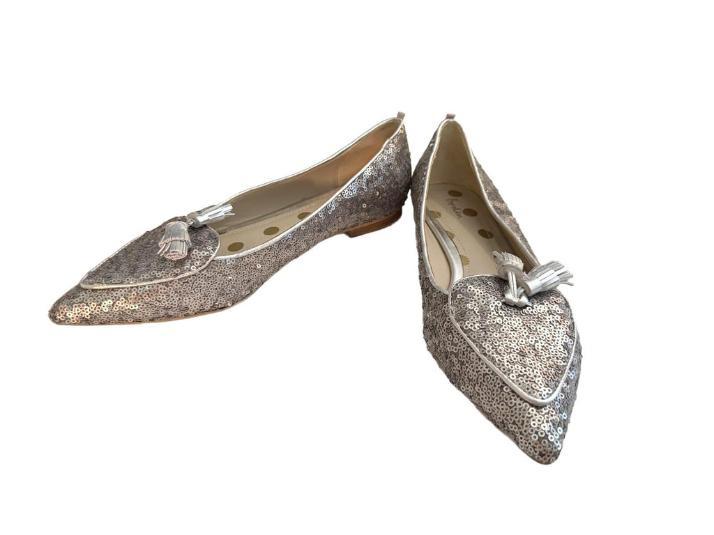 Boden Silver Sequin Pointed Toe Flats with Tassel Detail