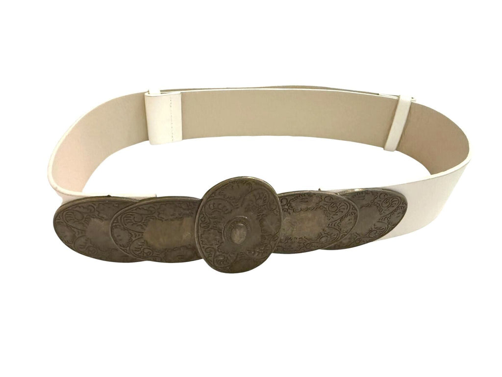 White Wide Belt with Ornate Antique Brass Buckle