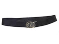 Vintage Wide Black Elastic Belt with Abstract Gold-Tone Buckle