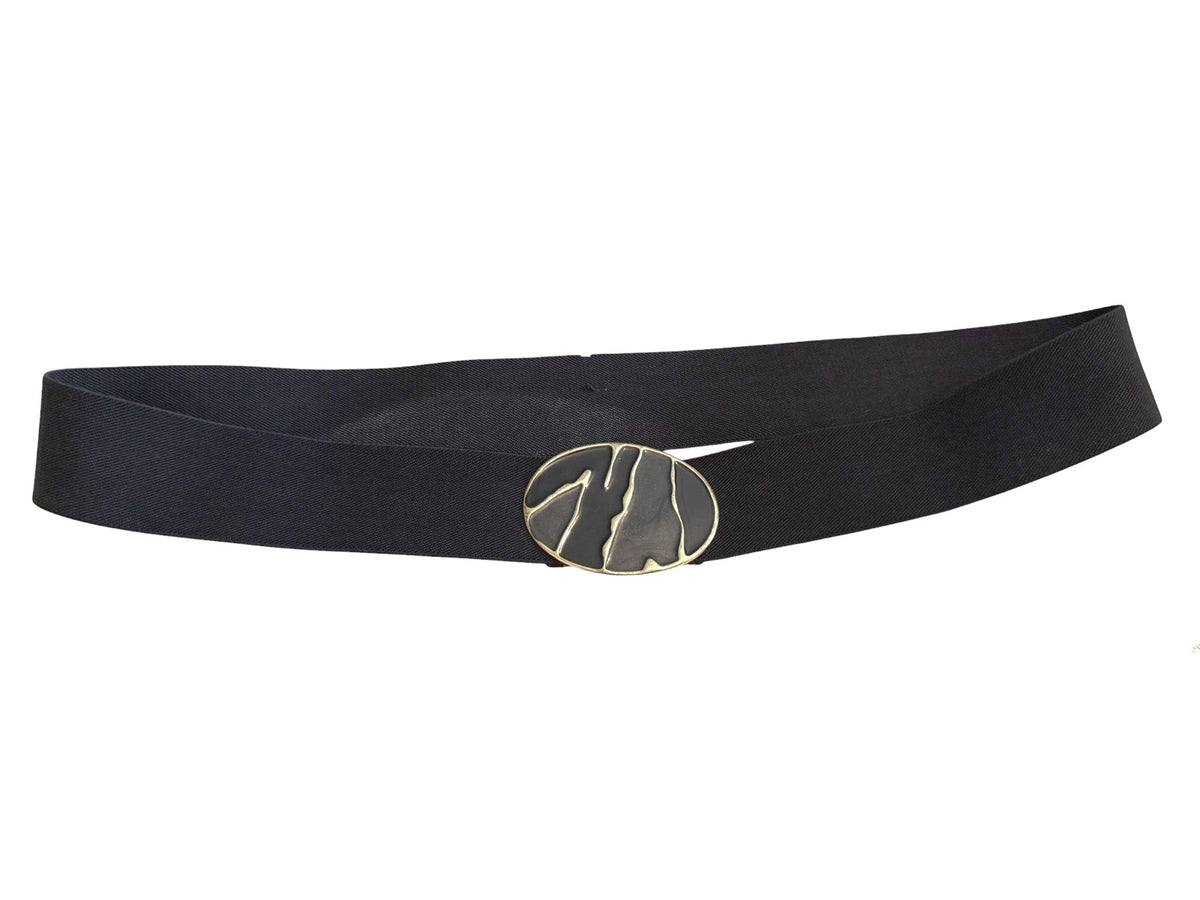 Vintage Wide Black Elastic Belt with Abstract Gold-Tone Buckle