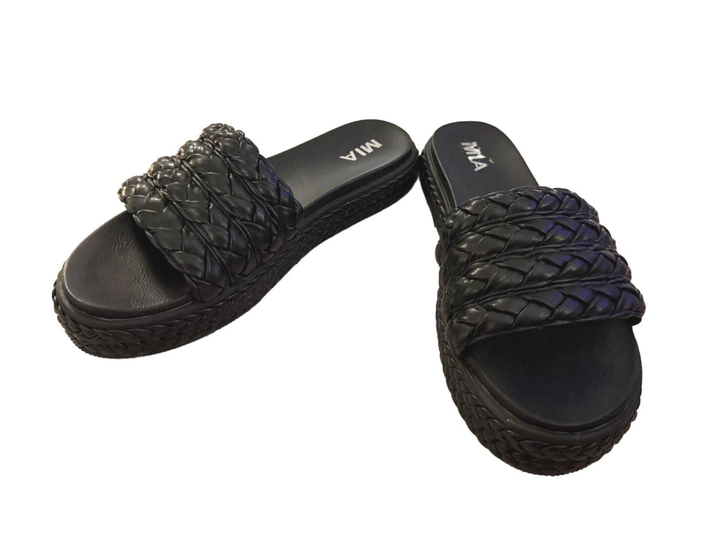MIA Black Braided Platform Slide Sandals