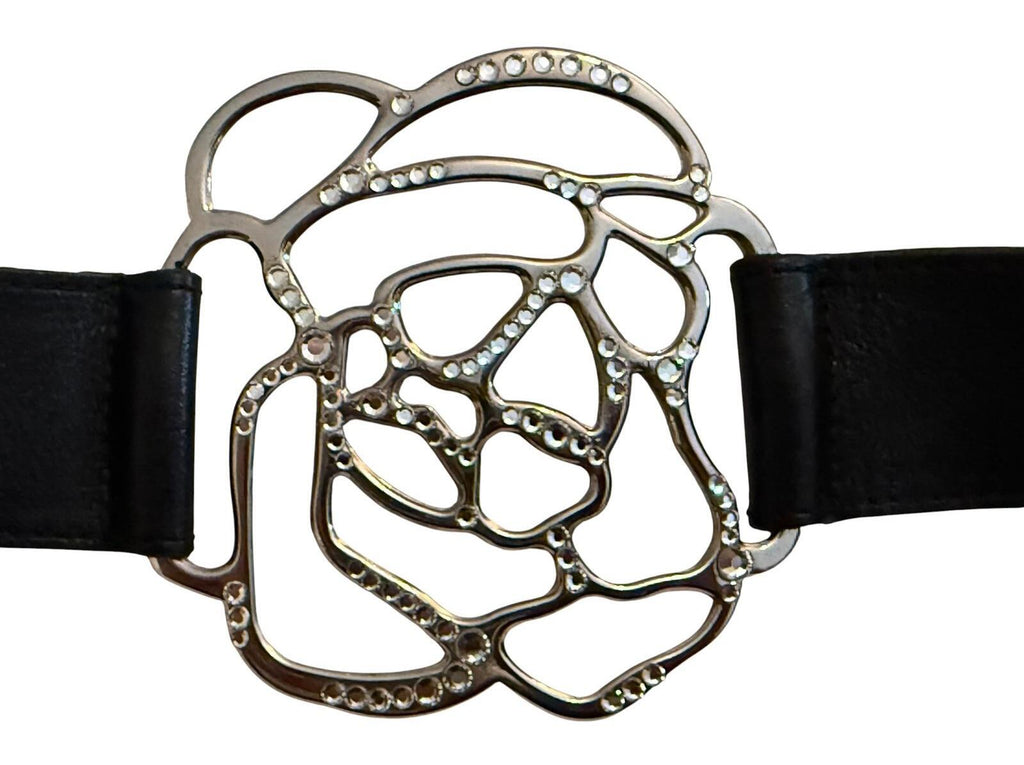 Cache Genuine Leather Black Belt with Floral Silver Buckle