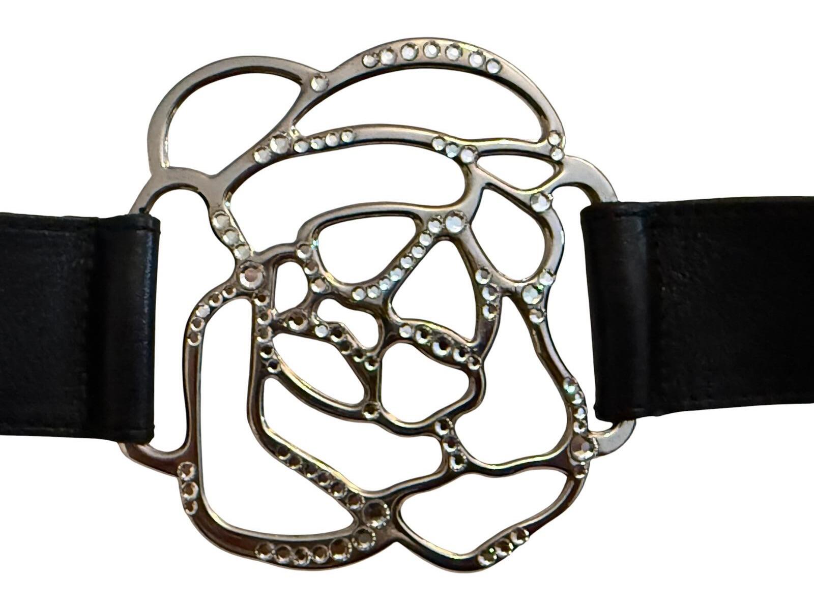 Cache Genuine Leather Black Belt with Floral Silver Buckle