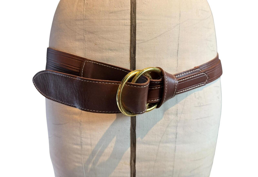 Brown Vegan Leather Belt with Gold Double Ring Buckle