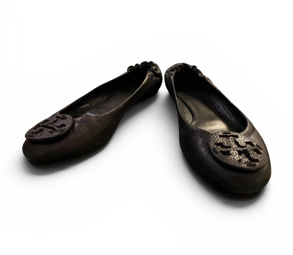 Tory Burch Black Leather Reva Ballet Flats Logo Medallion