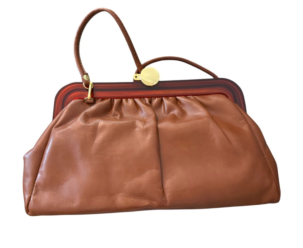 Vintage Brown Leather Handbag with Acrylic Frame and Gold-Tone Clasp