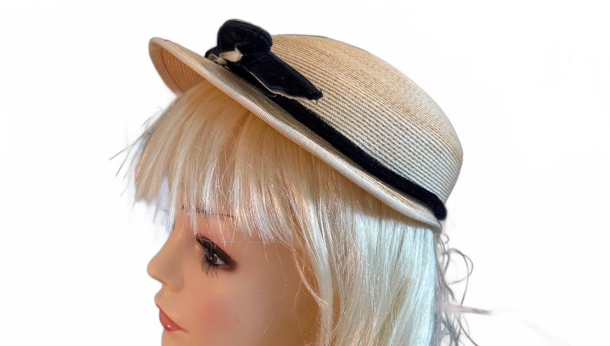 Vintage Style Beige Straw Hat with Black Velvet Bow and Pearl Accent