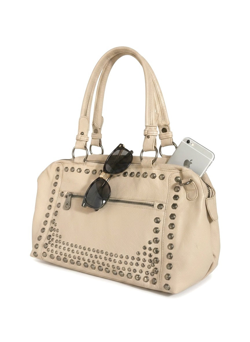 Joelle Hawkens Beige Leather Studded Shoulder Bag