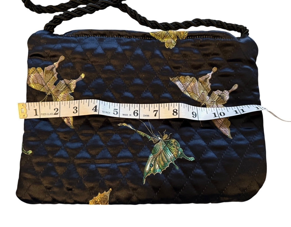 Black Quilted Satin Shoulder Bag with Butterfly Embroidery