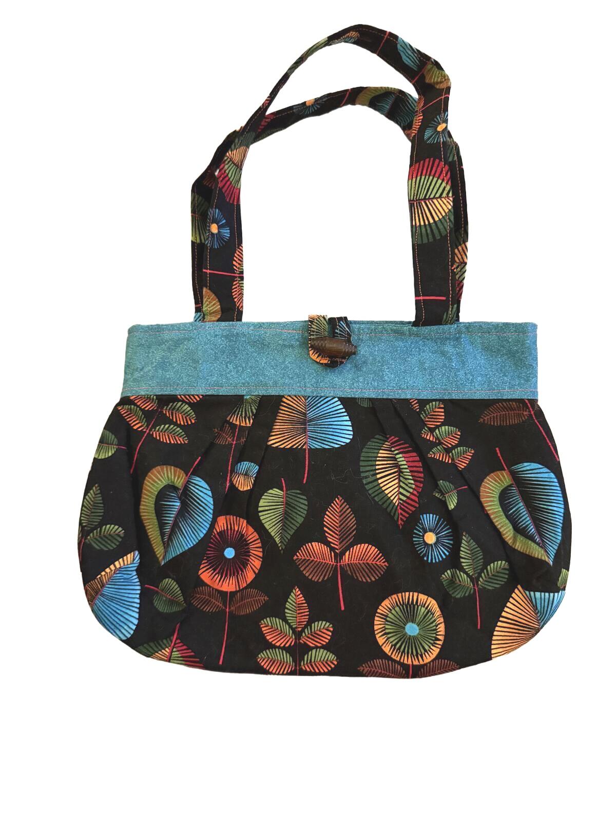 Colorful Leaf Pattern Small Tote Bag with Blue Trim