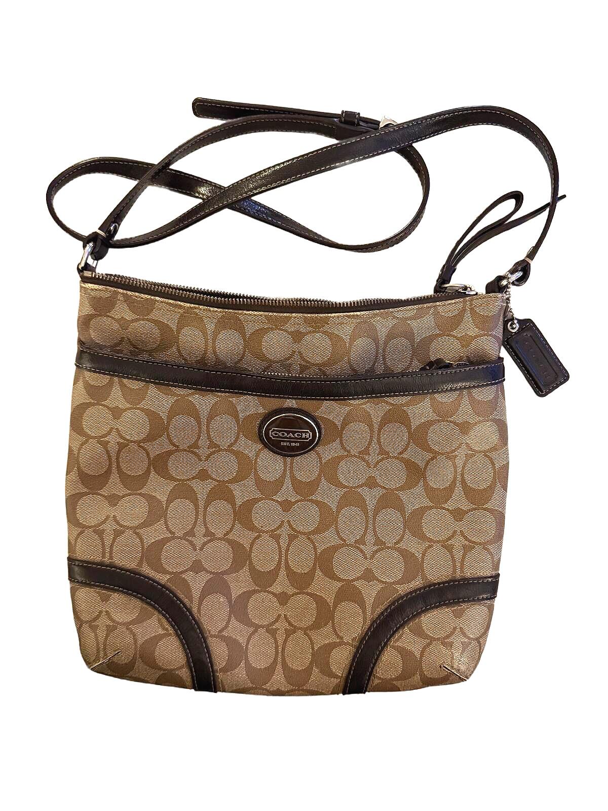 Coach Signature Brown Crossbody Bag with Black Leather Trim