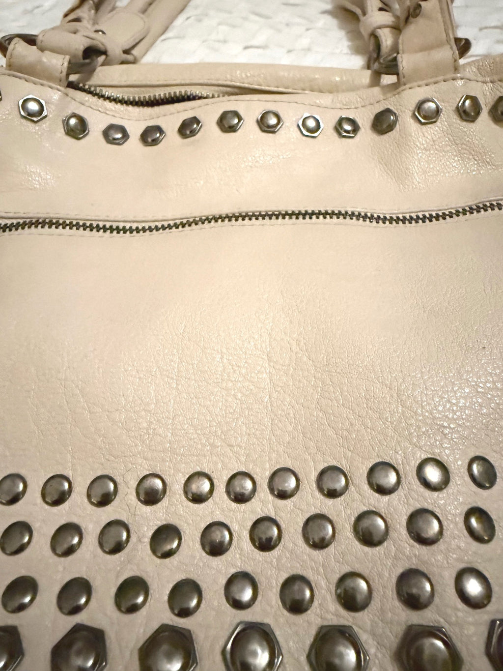 Joelle Hawkens Beige Leather Studded Shoulder Bag