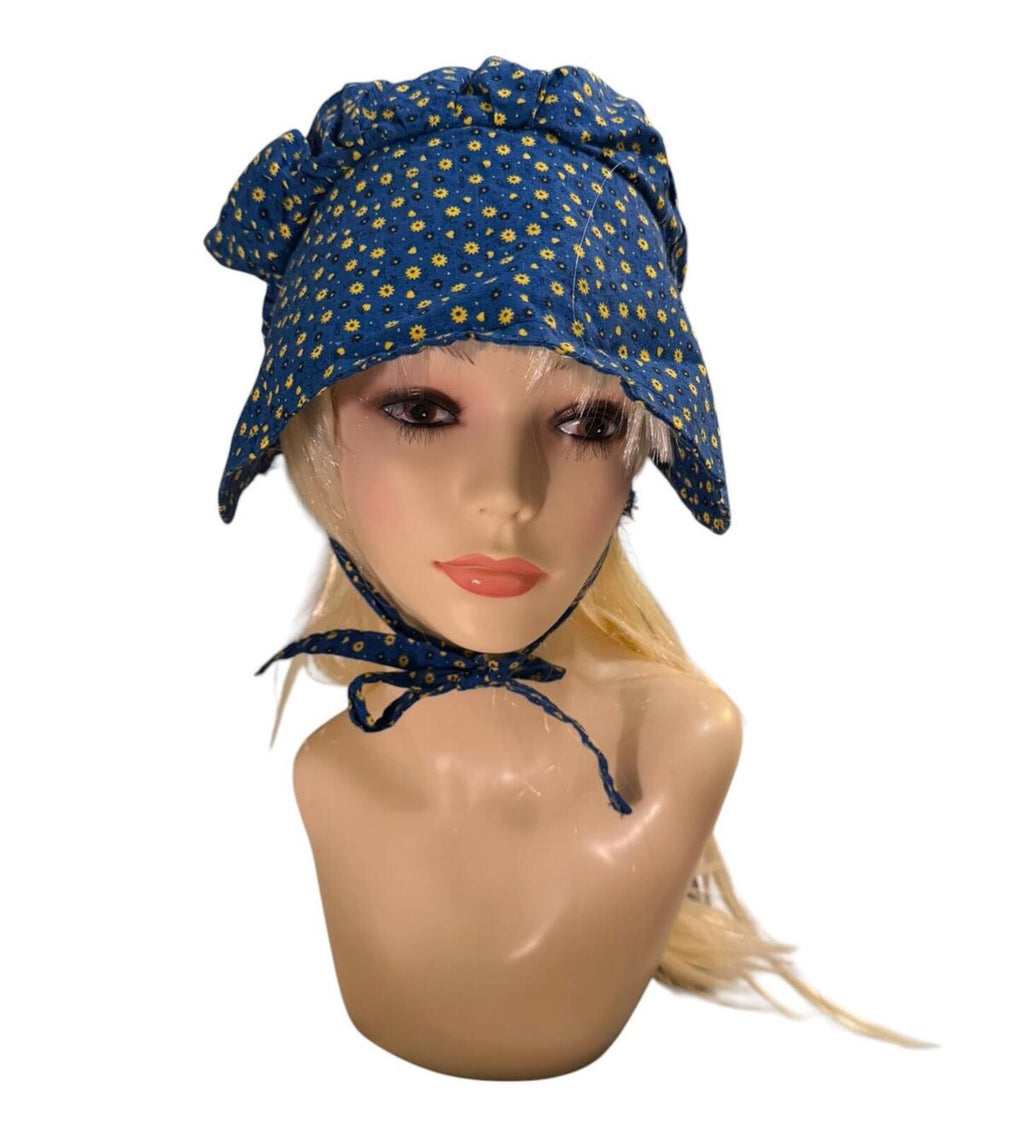 Vintage Blue Floral Bonnet Hat with Tie Strap Holly Hobby