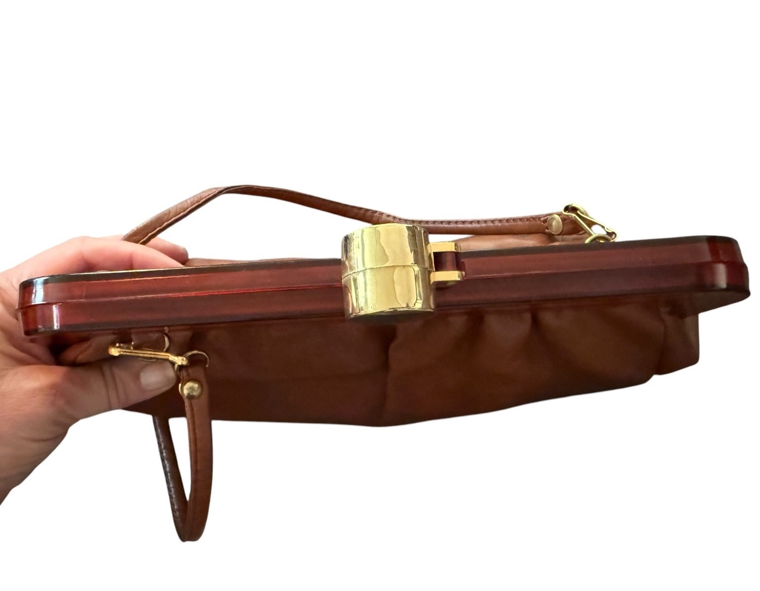 Vintage Brown Leather Handbag with Acrylic Frame and Gold-Tone Clasp