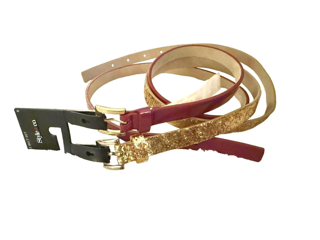 Style & Co. 2-Pack Women's Belts - Burgundy and Gold Glitter