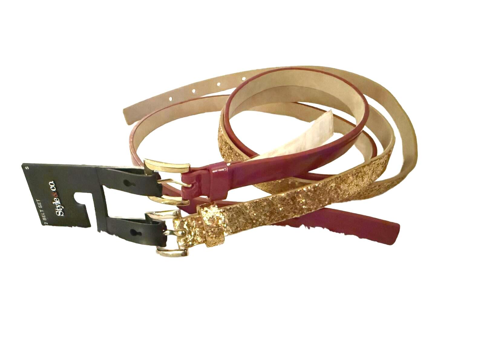 Style & Co. 2-Pack Women's Belts - Burgundy and Gold Glitter