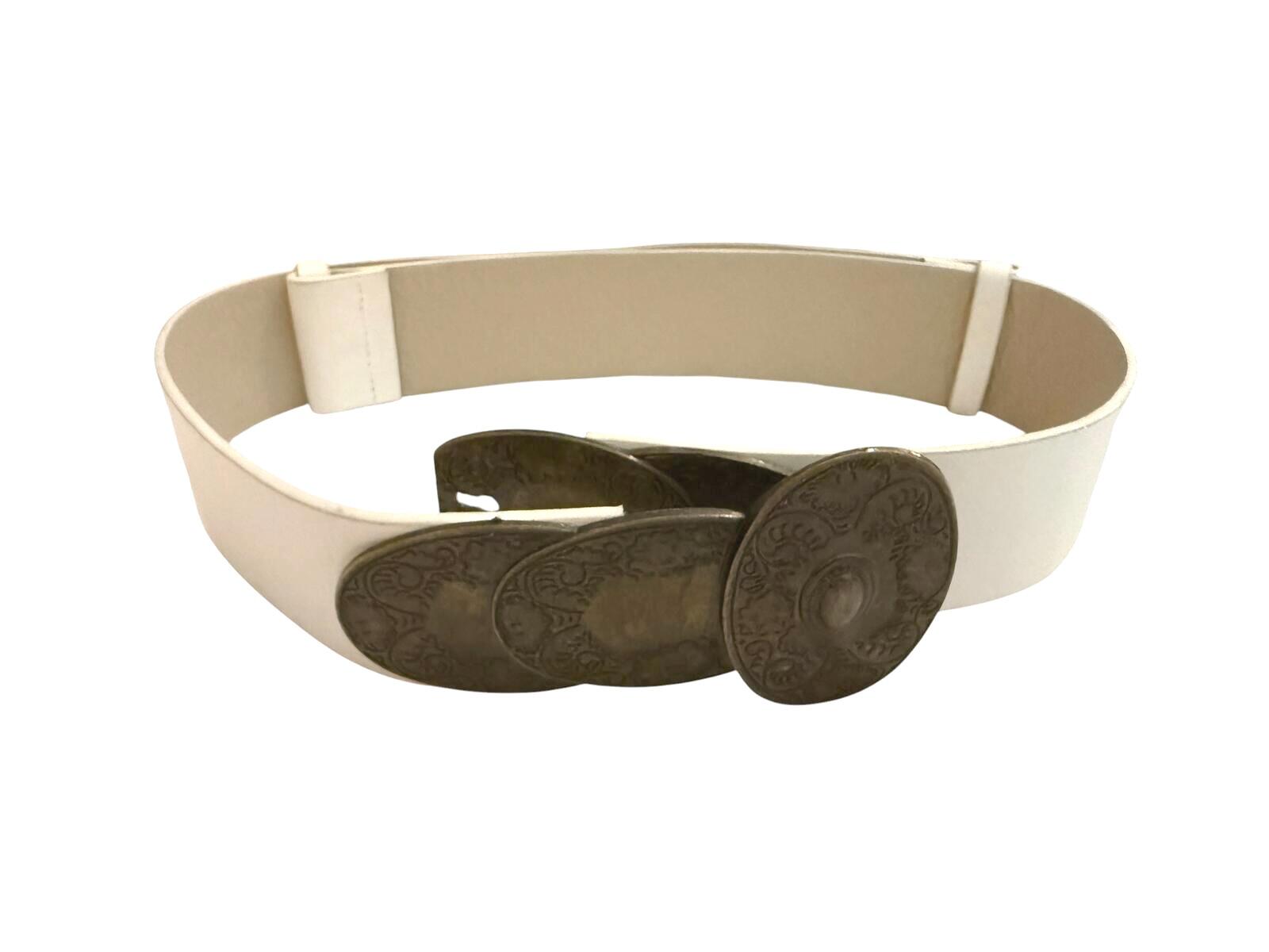 White Wide Belt with Ornate Antique Brass Buckle